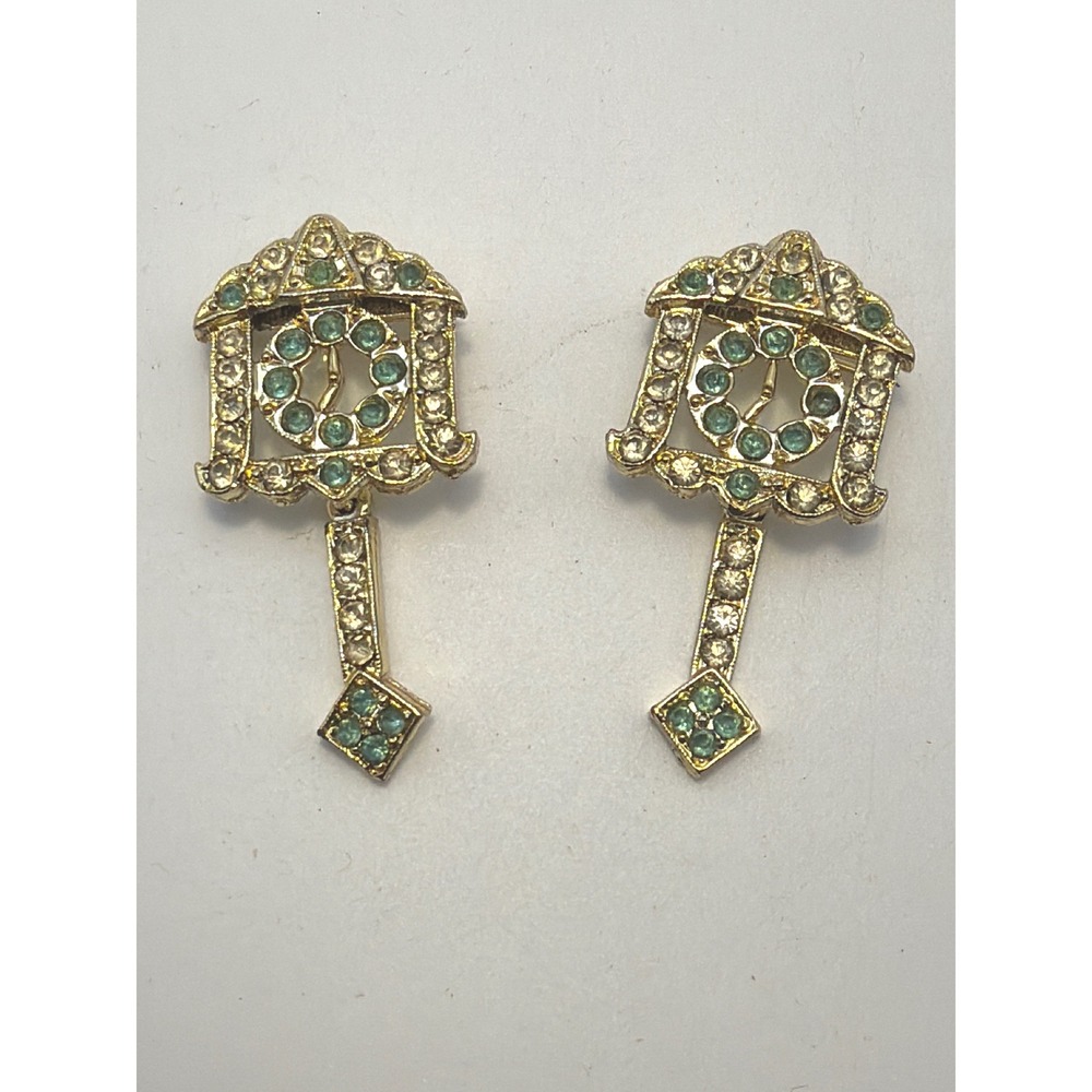 Vintage Gold Tone Cuckoo Clock Brooch Set Emerald Green Rhinestone Pendulum Pin